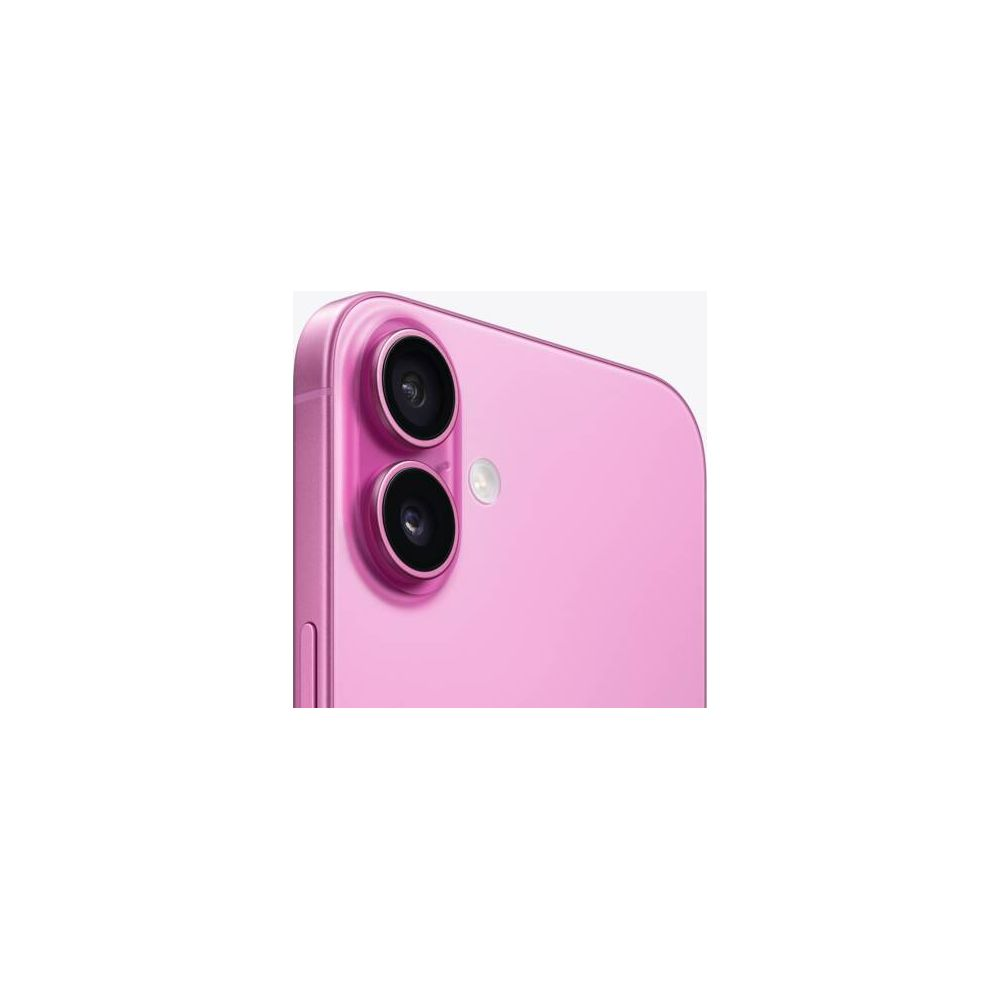 Tył różowego iPhone'a z dwoma aparatami i lampą błyskową.