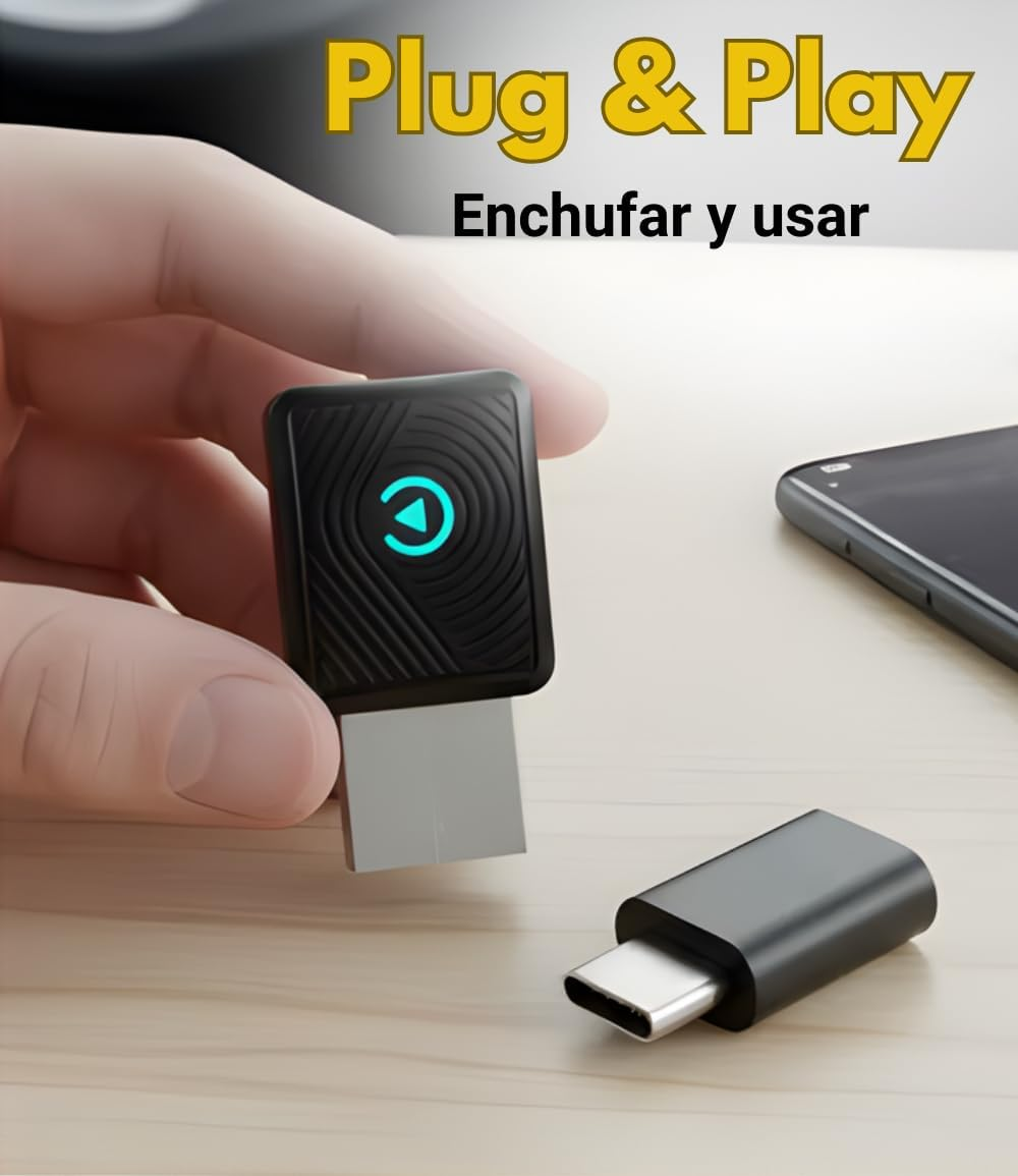Hand hält schwarzen Adapter mit blauem Kreis. Daneben ein USB-C-Stecker.