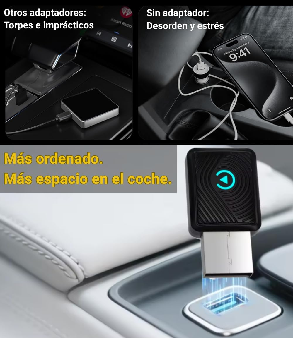 Ein schwarzer USB-Adapter mit blauem Licht in einem Auto. Vergleicht Ordnung mit Unordnung.