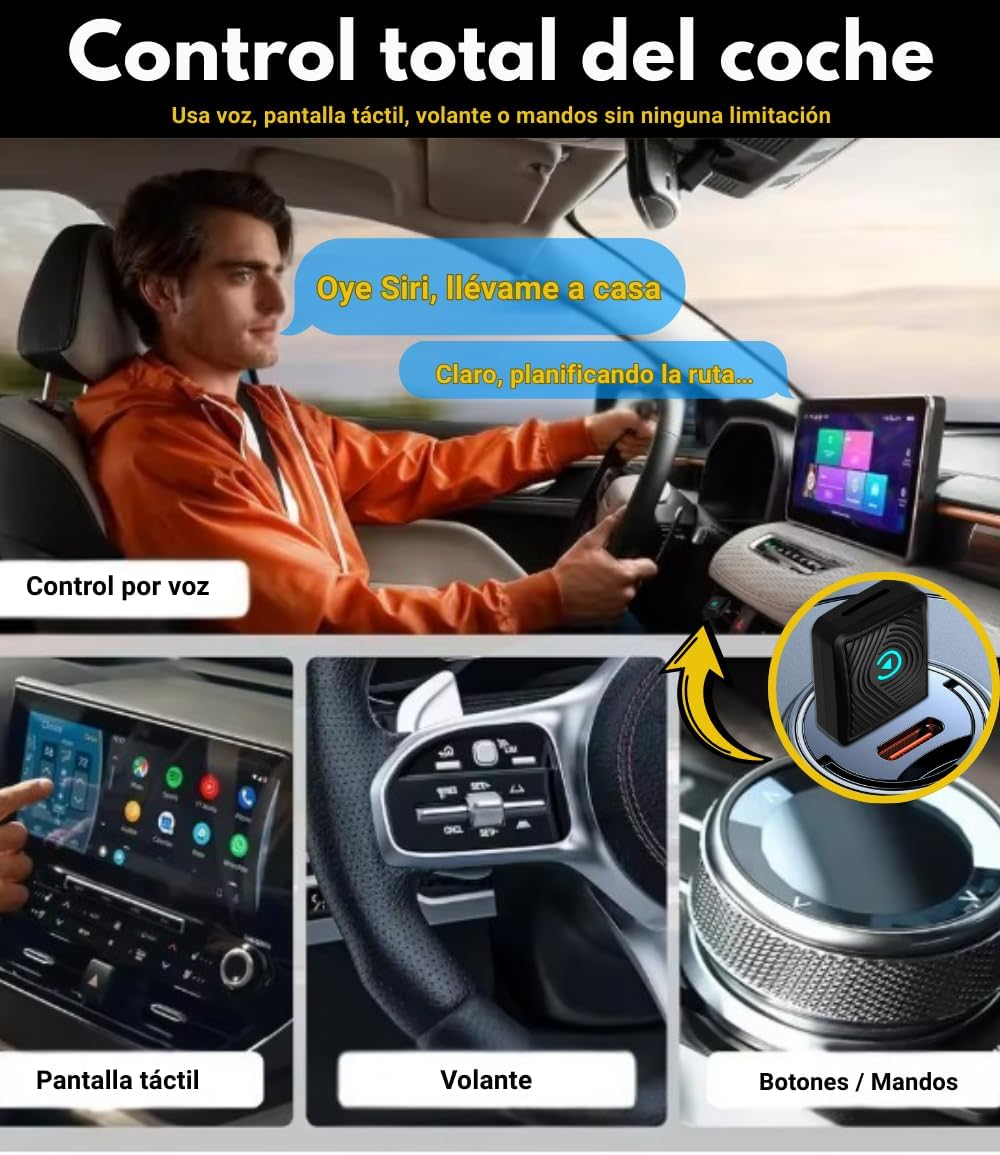 Mann im Auto nutzt Sprachsteuerung, Touchscreen, Lenkrad und Drehregler.