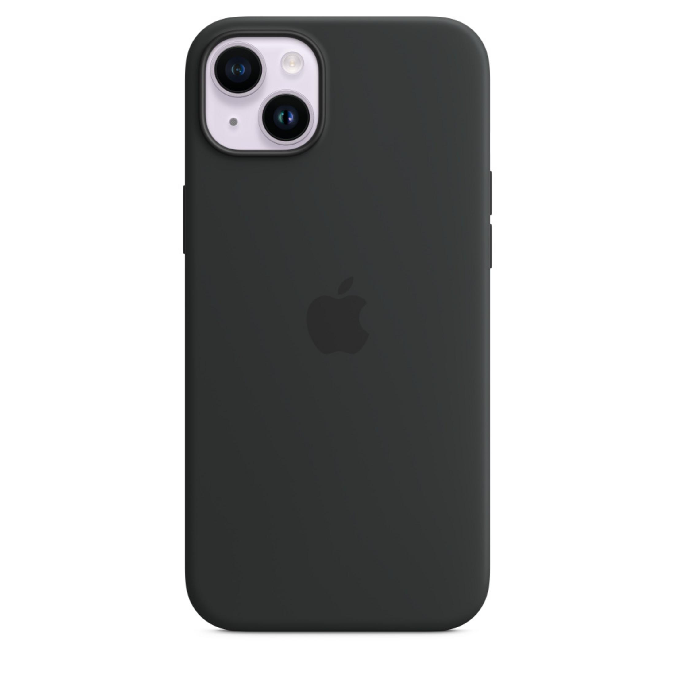 Donkergrijs iPhone-hoesje met Apple-logo en camera-uitsparing.