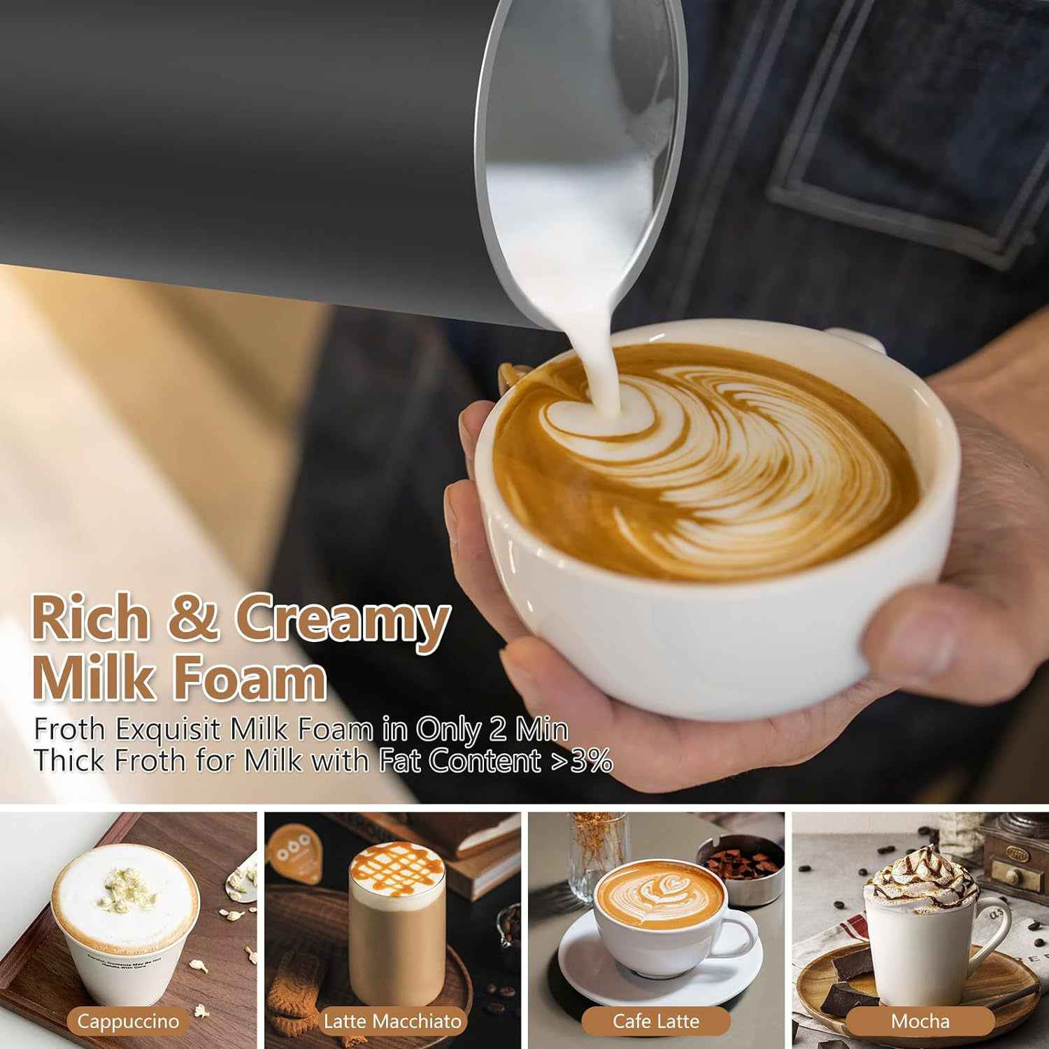 Milch wird in Kaffee gegossen, zeigt Latte Art. Vier Kaffeesorten unten gezeigt.