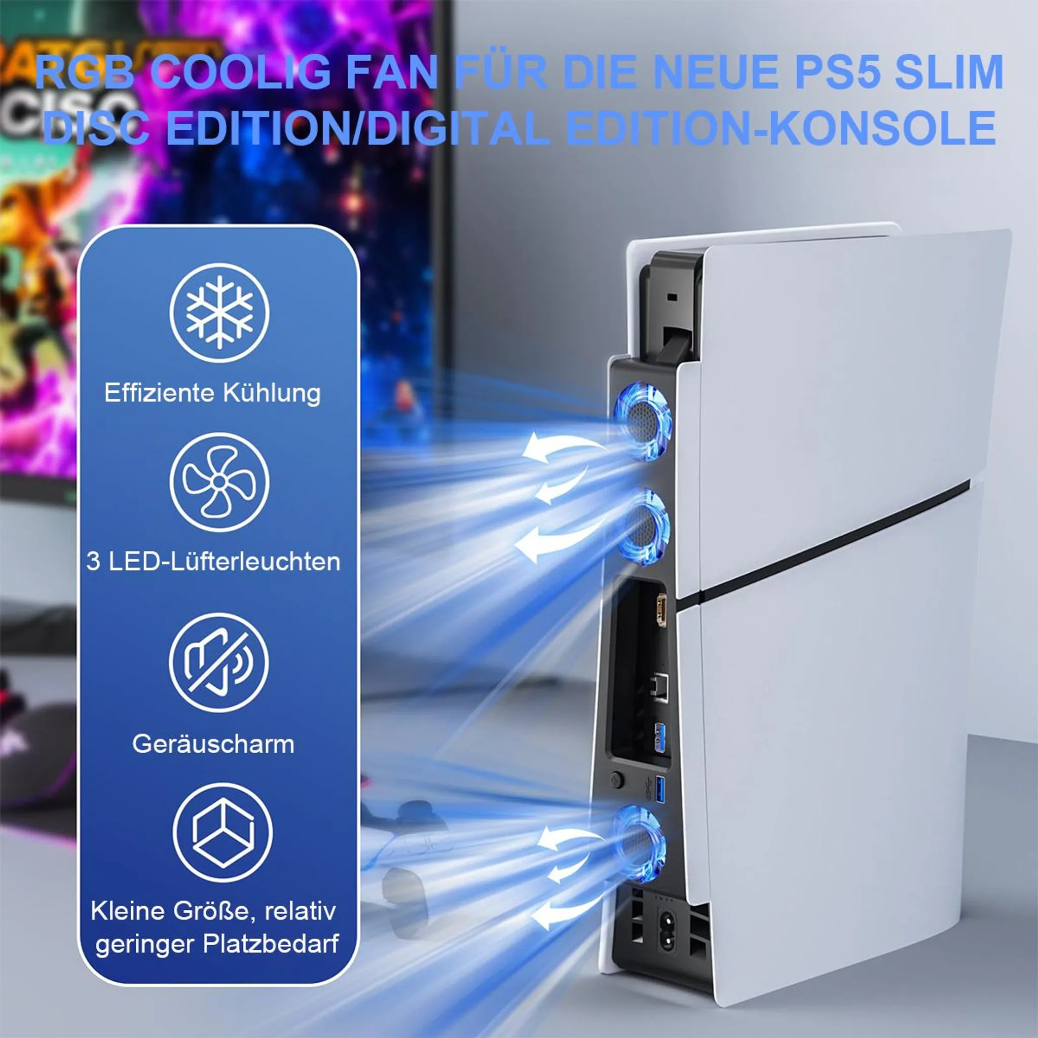 PS5 Slim Konsole mit RGB-Lüfter, effiziente Kühlung, 3 LEDs, leise.