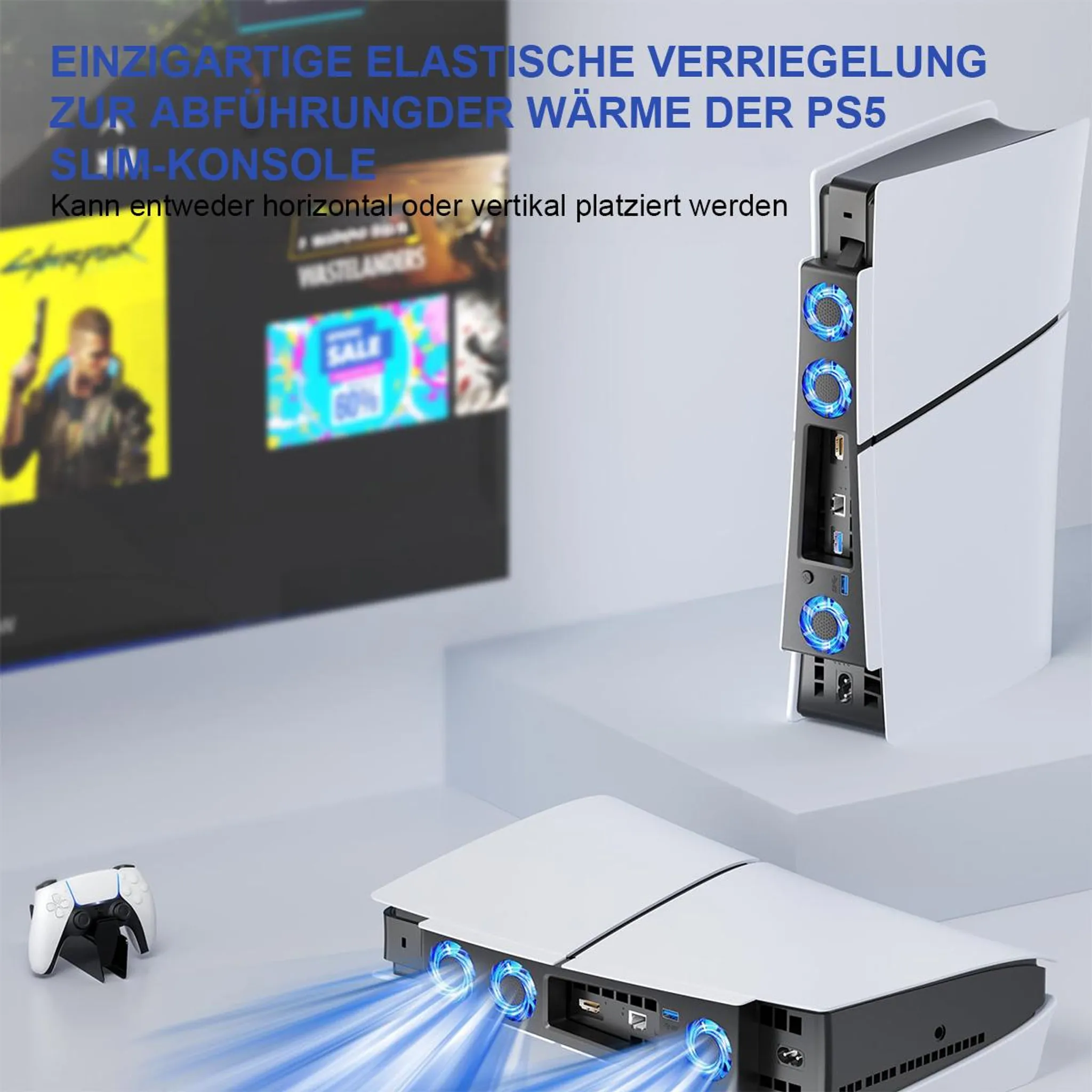 PS5 Slim Konsole mit Lüftern, Controller und Spielen auf dem Bildschirm.