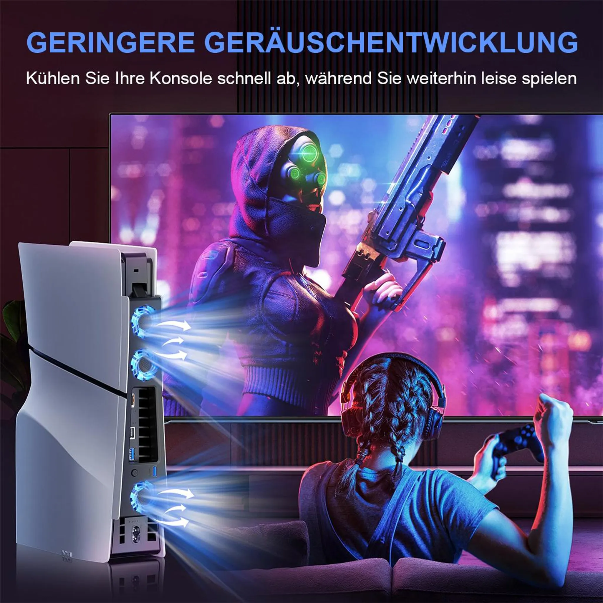 Eine Konsole kühlt ab, während eine Person mit Kopfhörern spielt. Blaues Licht strahlt.
