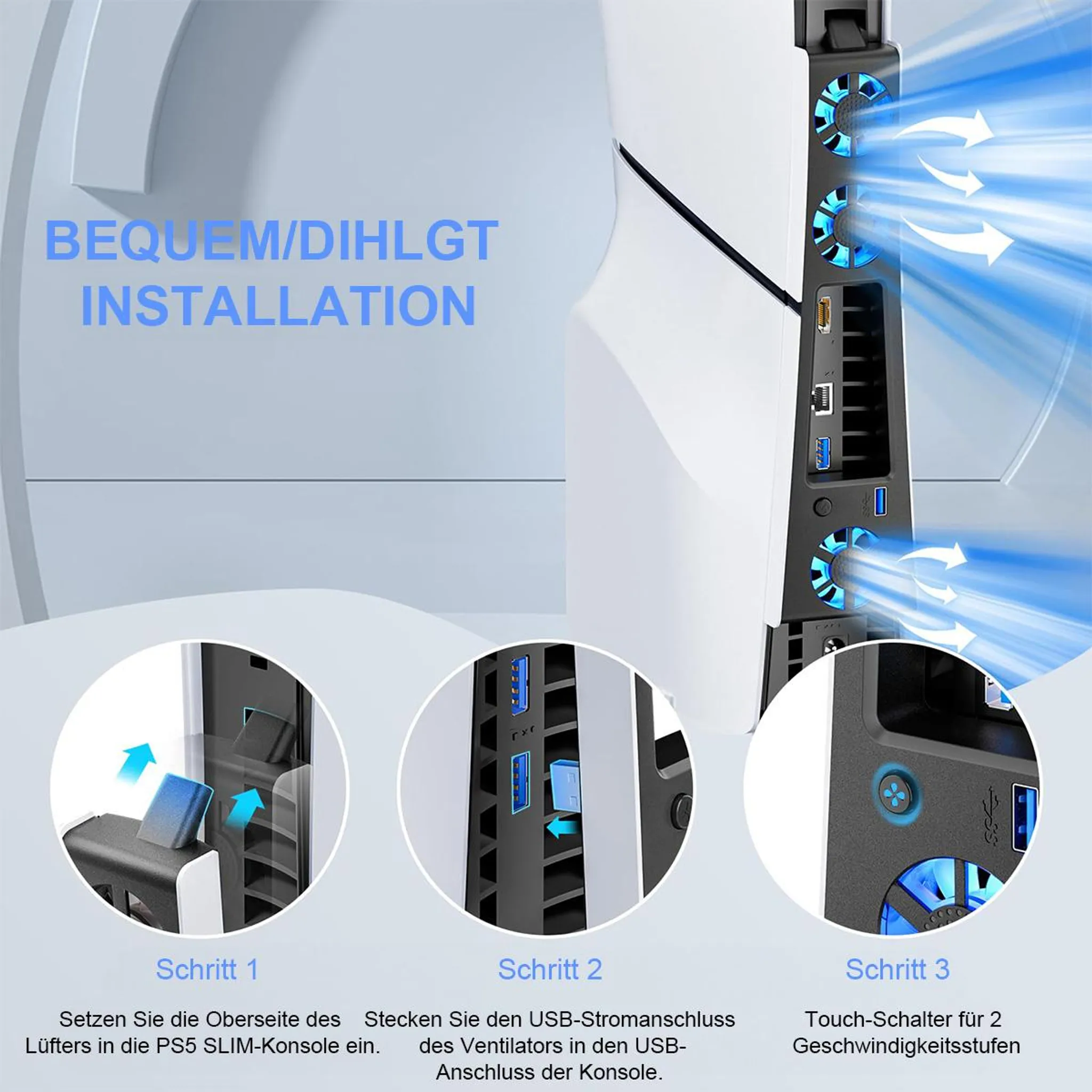 Installation einer Lüftererweiterung für PS5 Slim mit drei Schritten erklärt.