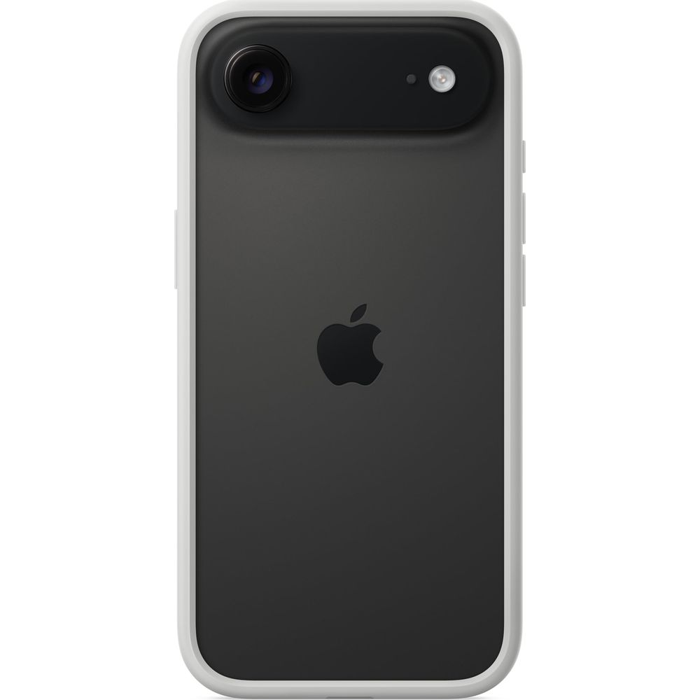 Parte trasera de un iPhone negro con borde blanco y logo de Apple.
