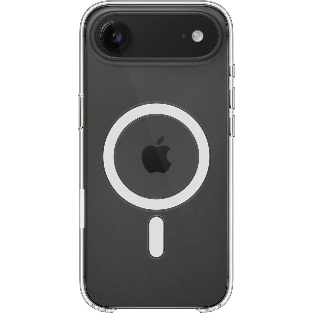 Una cover trasparente per telefono con logo Apple nero e anello.