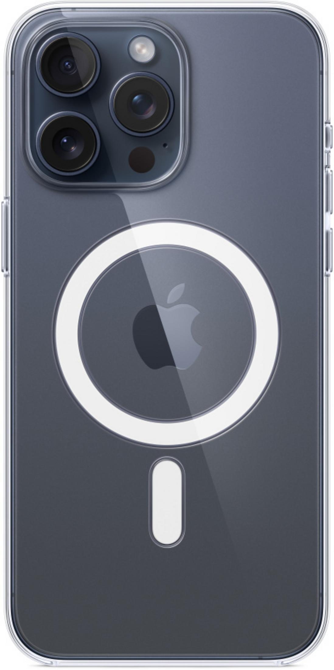 Doorzichtige telefoonhoes met drievoudige camera en Apple-logo.