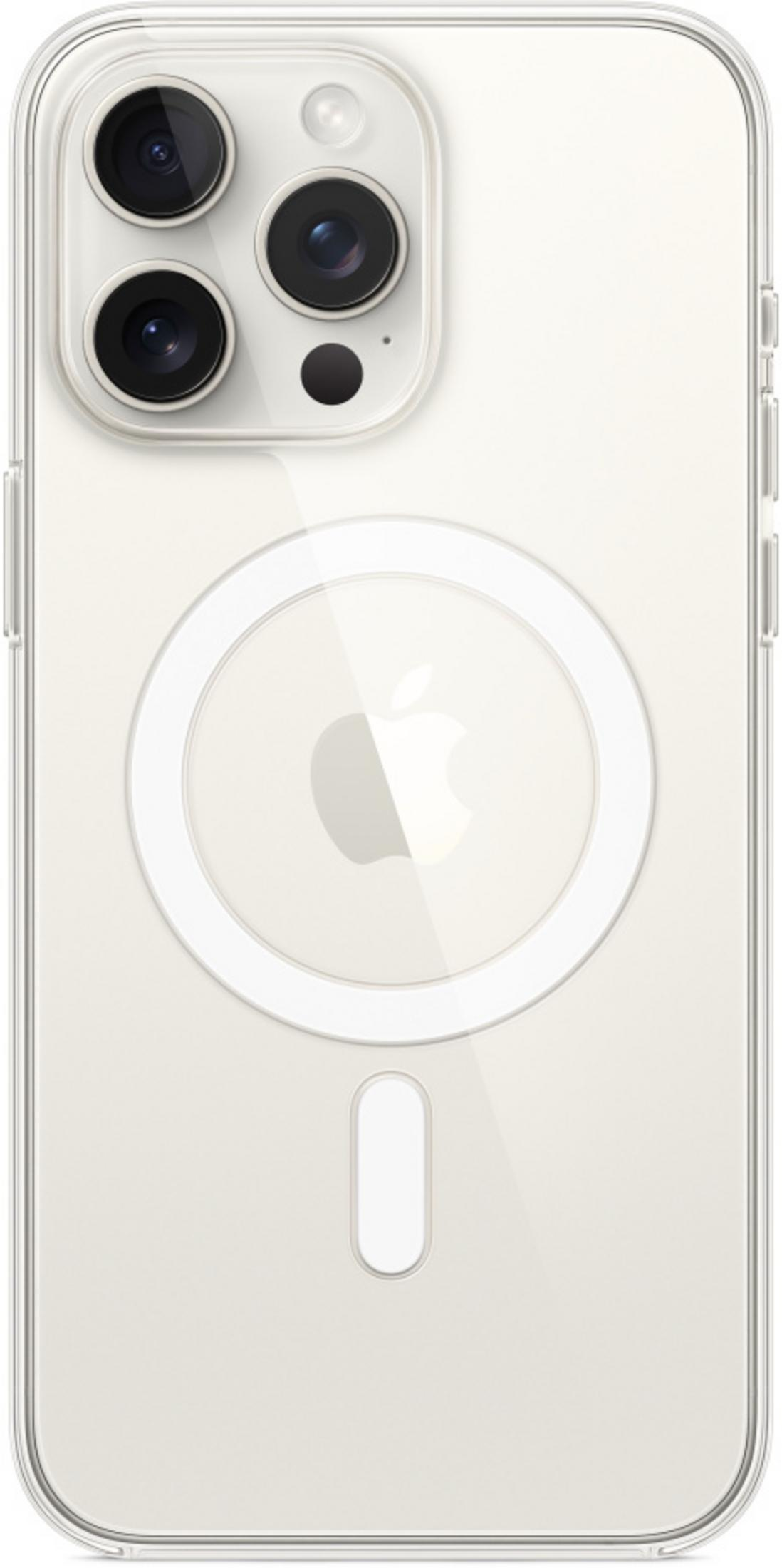 Achterkant van een witte iPhone met drie camera's en een rond MagSafe-oplaadgebied.