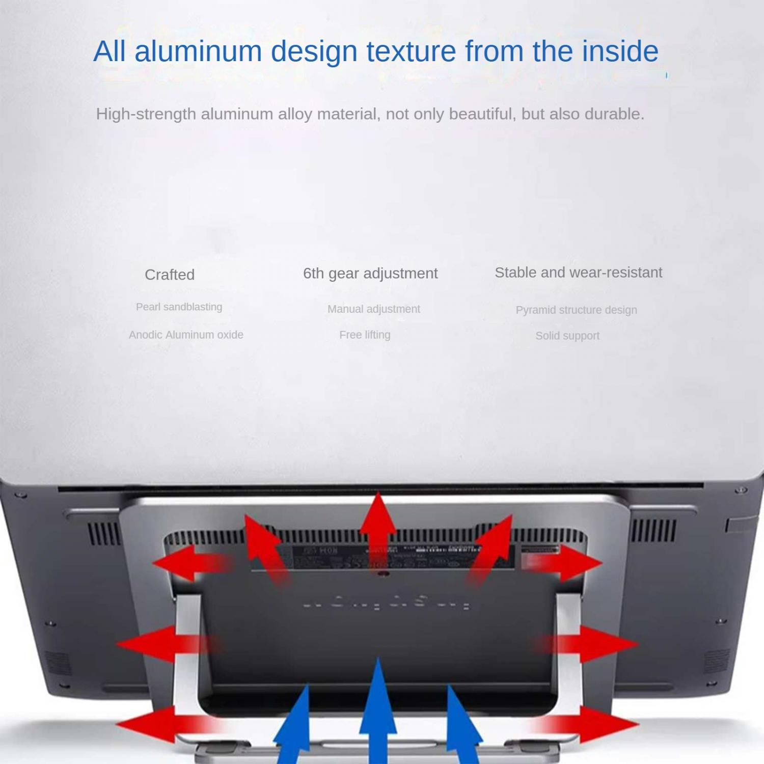 Ein Laptop-Ständer aus Aluminium mit roten und blauen Pfeilen, die die Luftzirkulation zeigen.