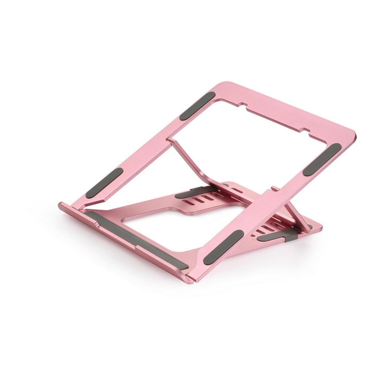 Ein rosafarbener Laptopständer mit Gummifüßen auf weißem Hintergrund.