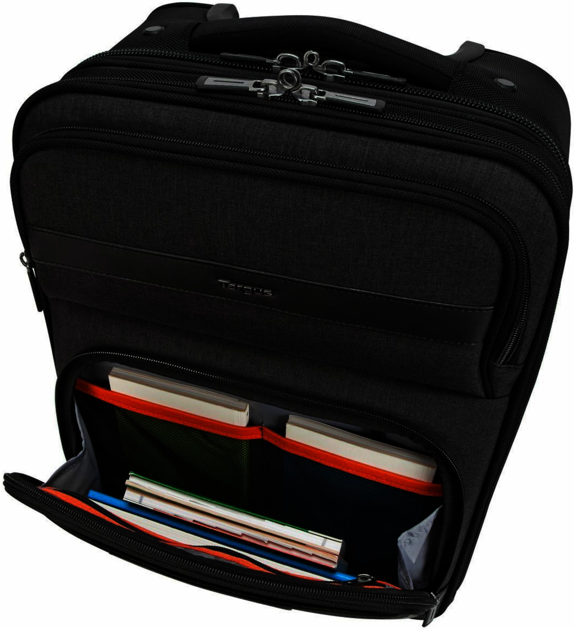 Zaino nero con scomparto aperto contenente libri e penne.