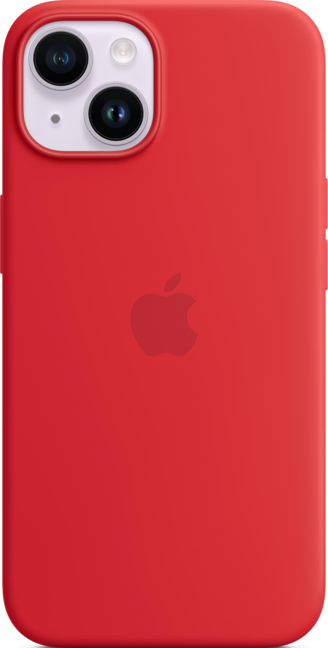 Rote Handyhülle mit Apple-Logo und zwei Kameralinsen oben links.