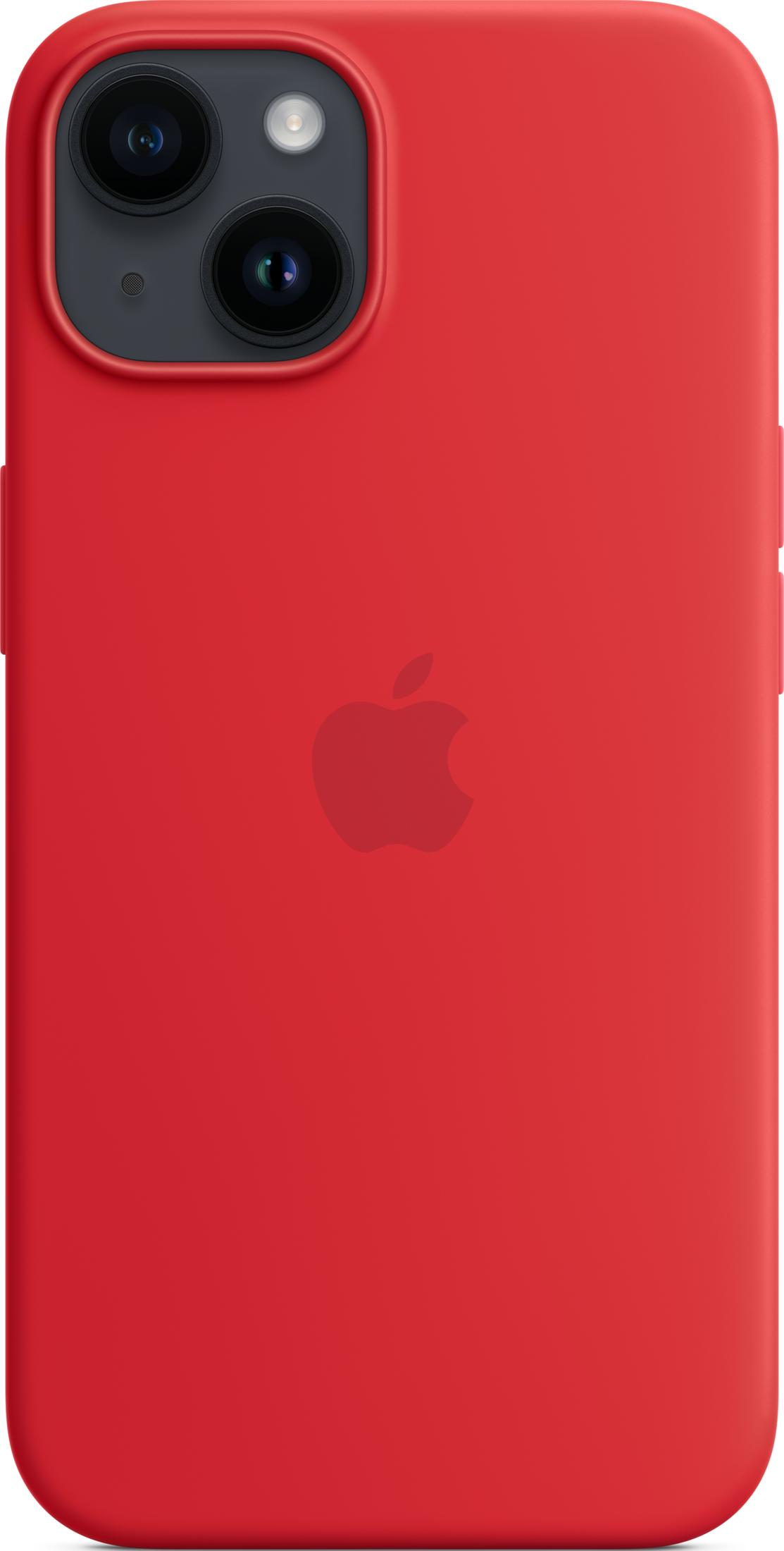 Rote Handyhülle mit Apple-Logo und Kameraöffnung. Detailaufnahme.