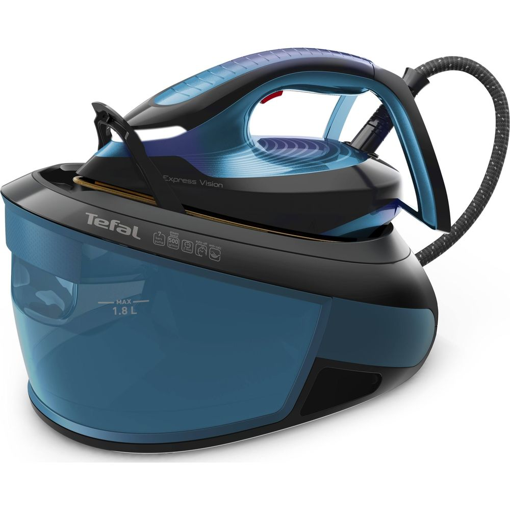 Un fer à vapeur Tefal bleu et noir avec réservoir d'eau transparent.