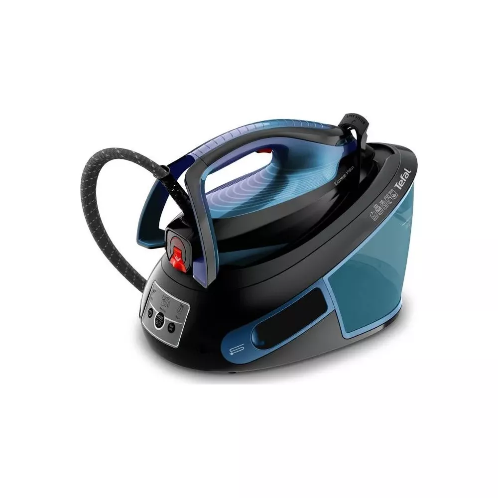 Une station de centrale vapeur bleue et noire avec réservoir d'eau transparent.