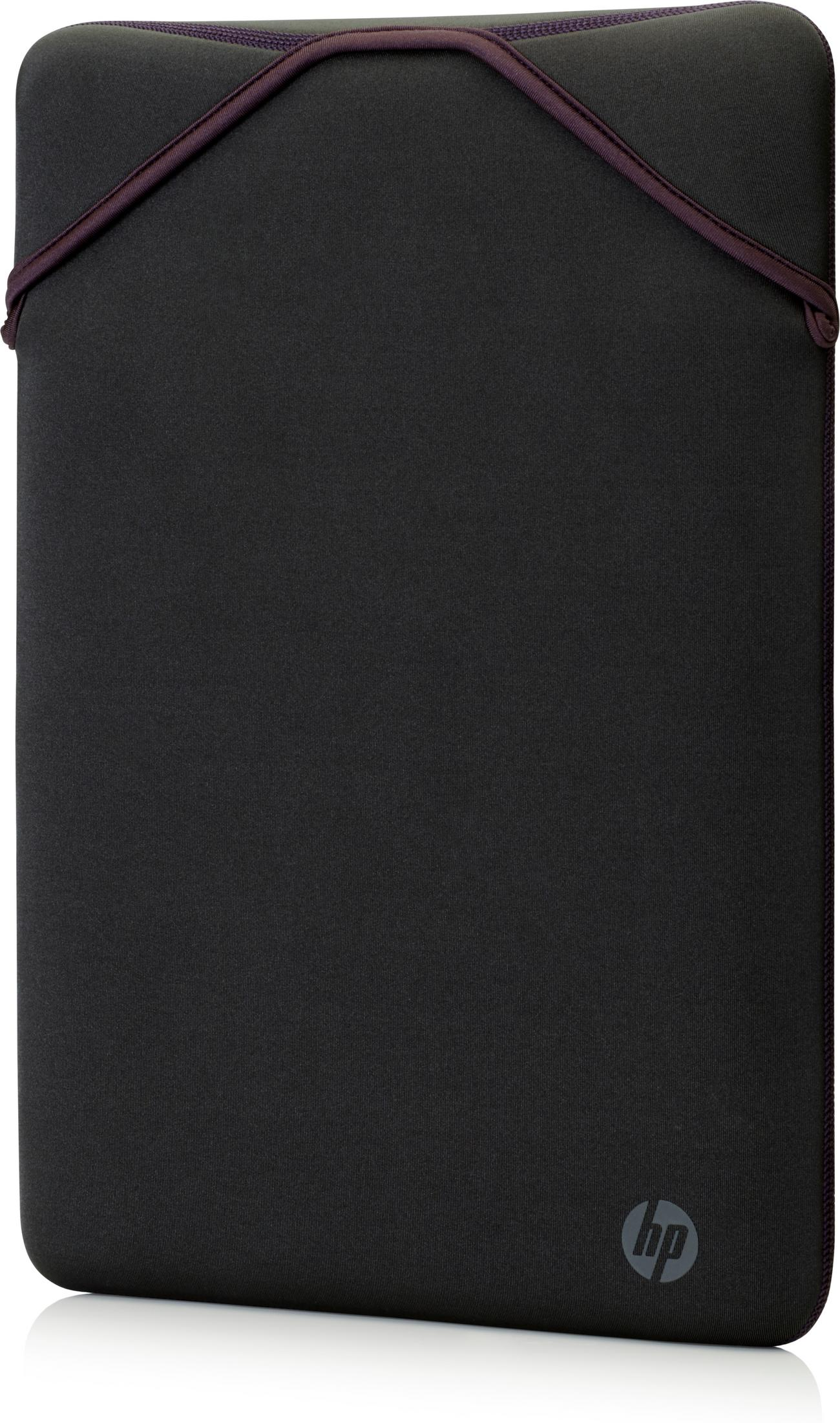 Schwarze Laptoptasche mit lila Bändern und HP-Logo.