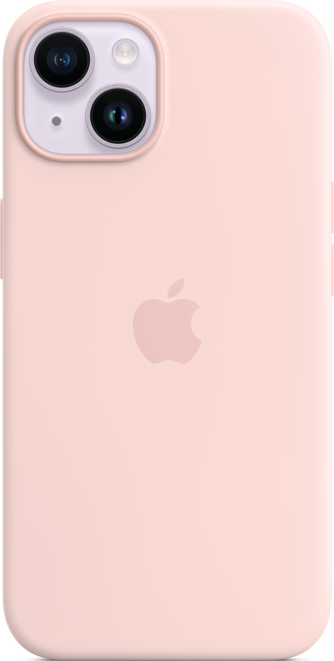 Una custodia rosa per telefono con logo Apple e ritaglio fotocamera.