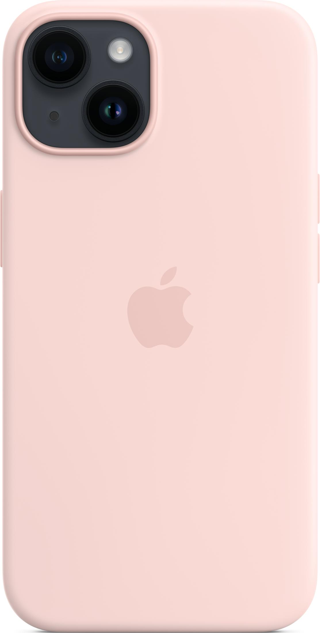 Una cover rosa per iPhone con logo Apple e modulo fotocamera.