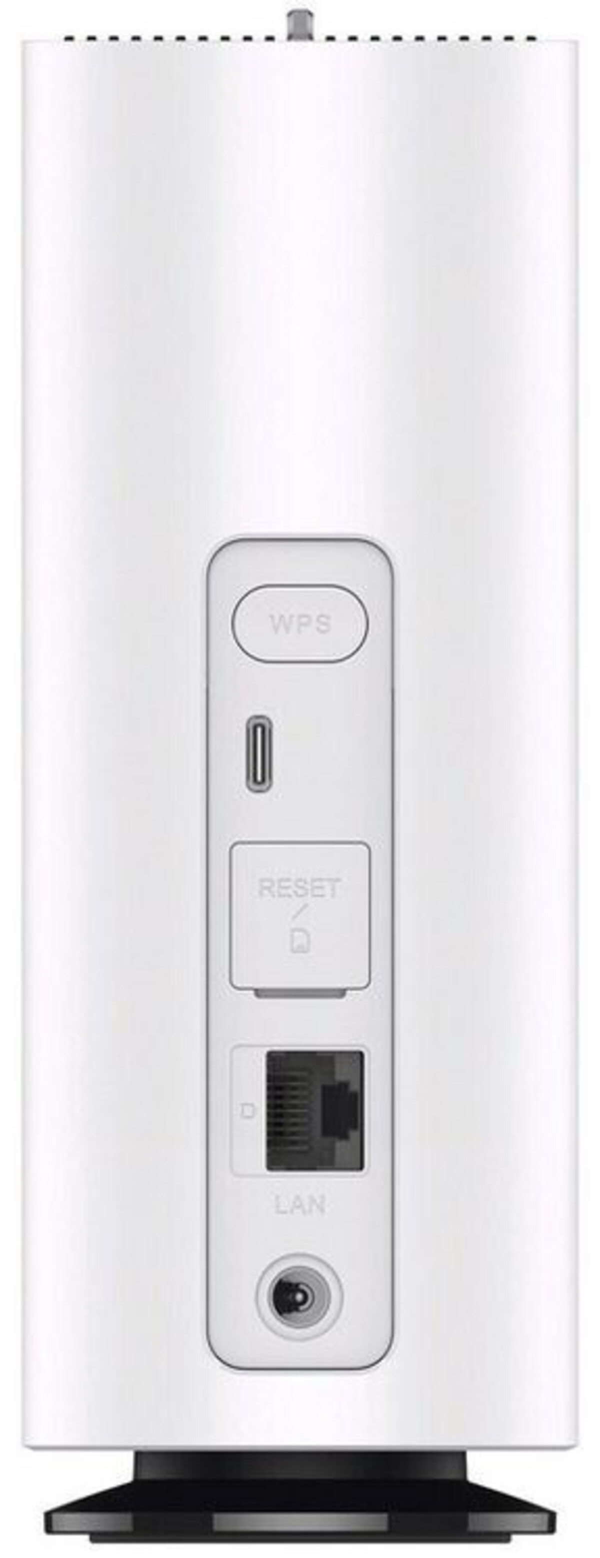 Ein weißer Router mit WPS, USB, Reset, LAN und Stromanschluss auf der Rückseite.