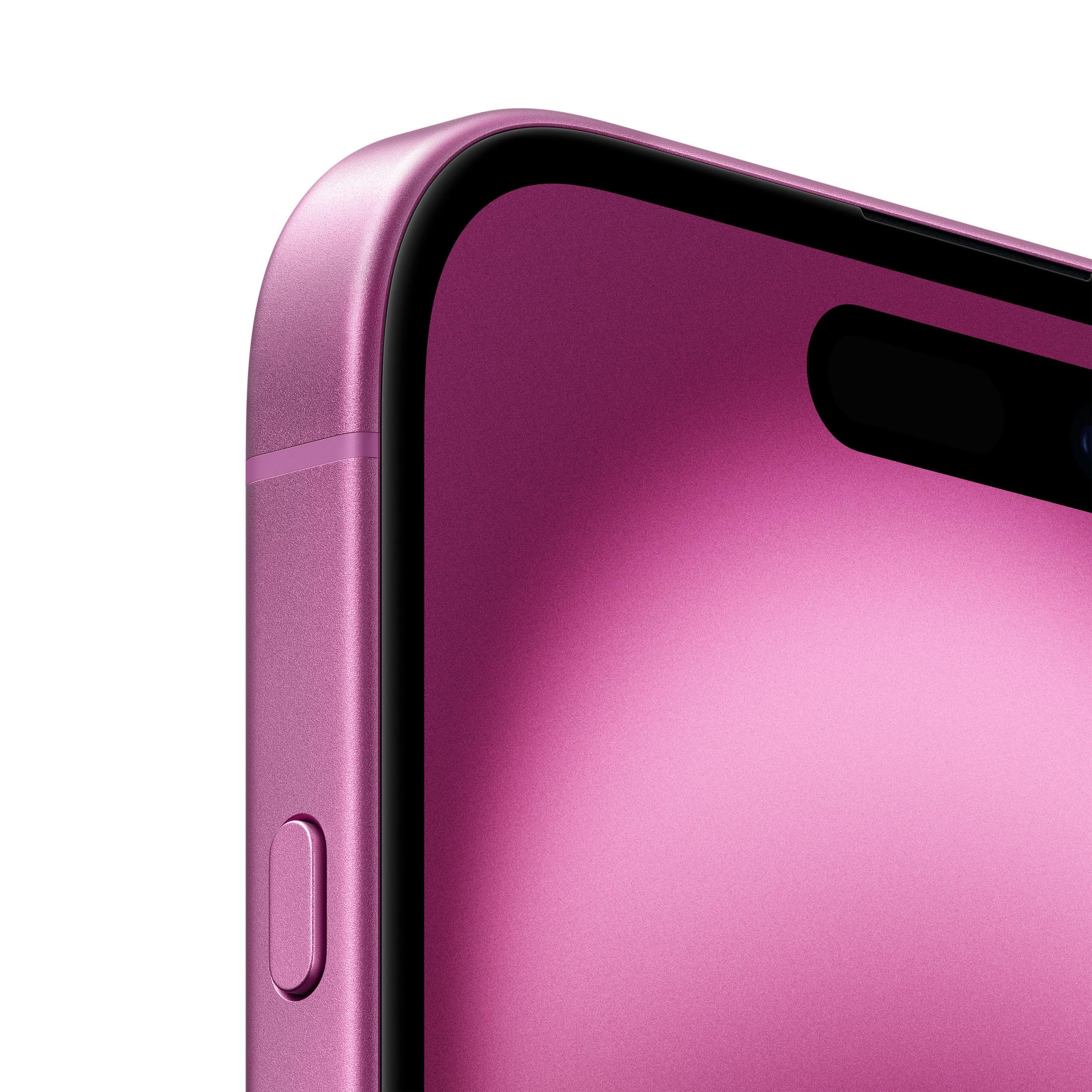 Zbliżenie na jaskrawo-różowy smartfon. Ekran odbija pasujący odcień różu, z ciemnym wycięciem na głośnik u góry.