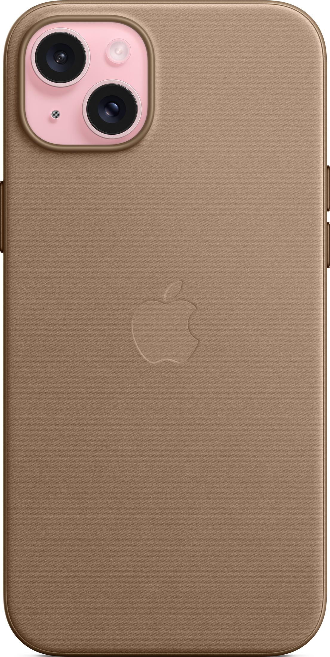 Een bruine telefoonhoes met twee camera's en het Apple-logo.
