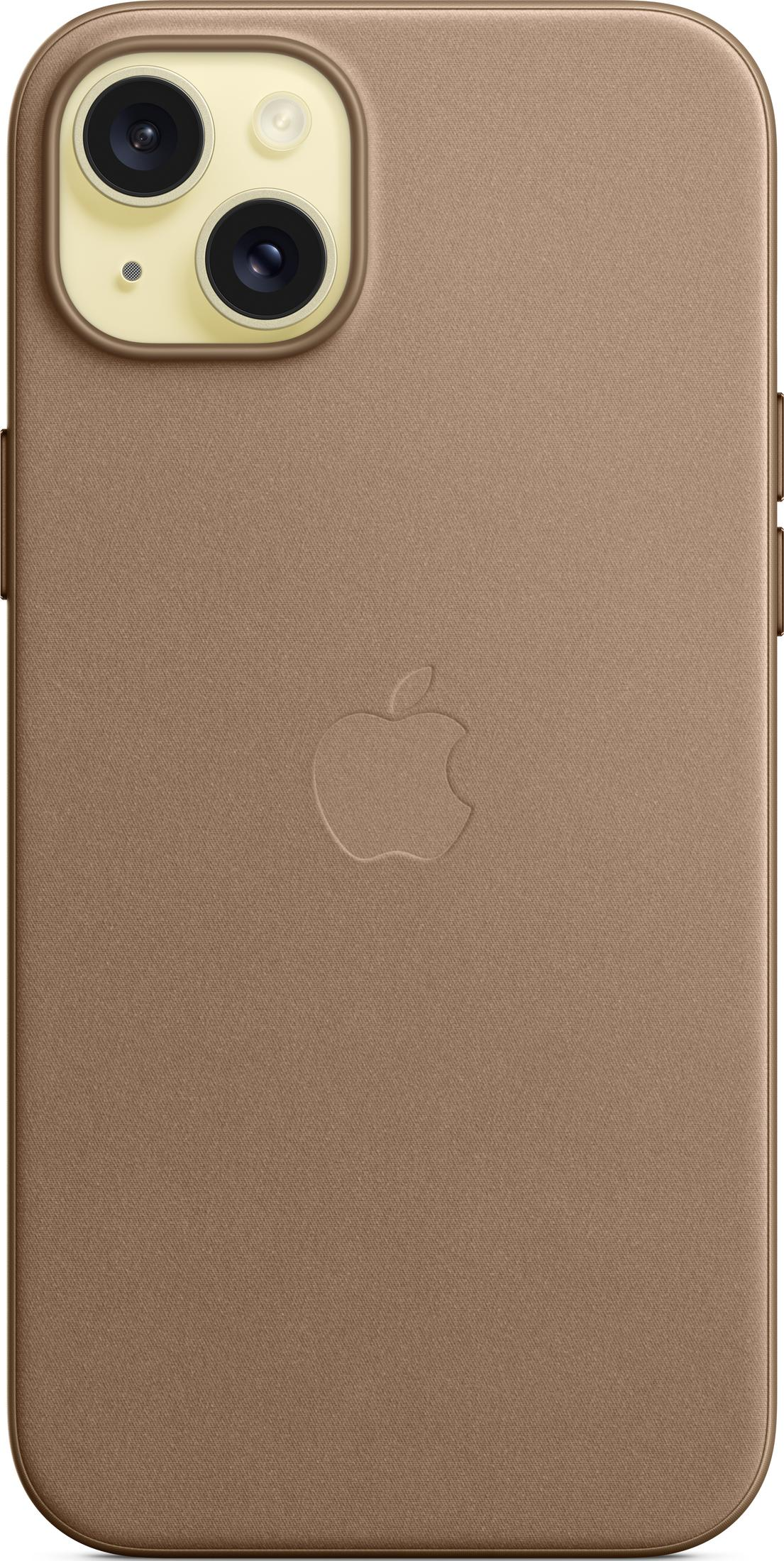 Bruine telefoonhoes met Apple-logo en camera. Stoftextuur.