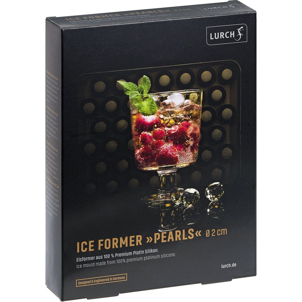 Boîte noire avec logo Lurch, montrant un verre de boisson avec fruits et glace.