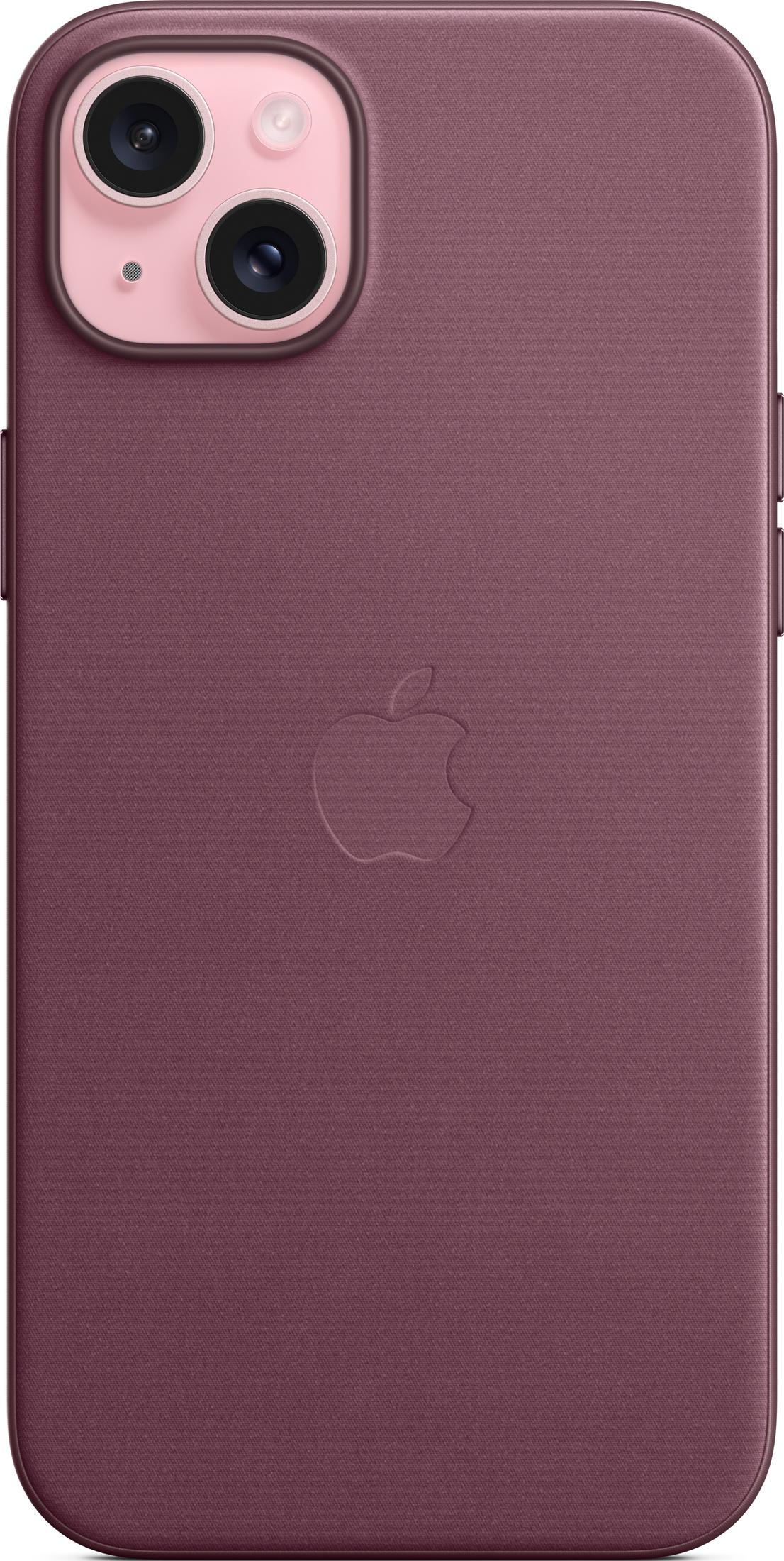 Bordeauxrode telefoonhoes met reliëf Apple logo en camerauitsparing.