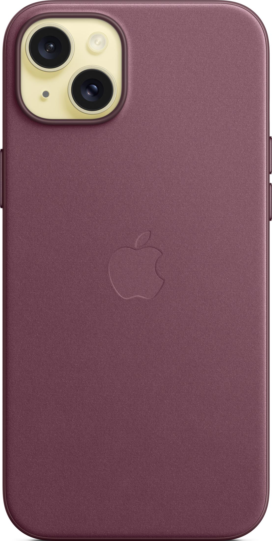 Paarse telefoonhoes met Apple logo en camerauitsparing. Tijdloze elegantie.