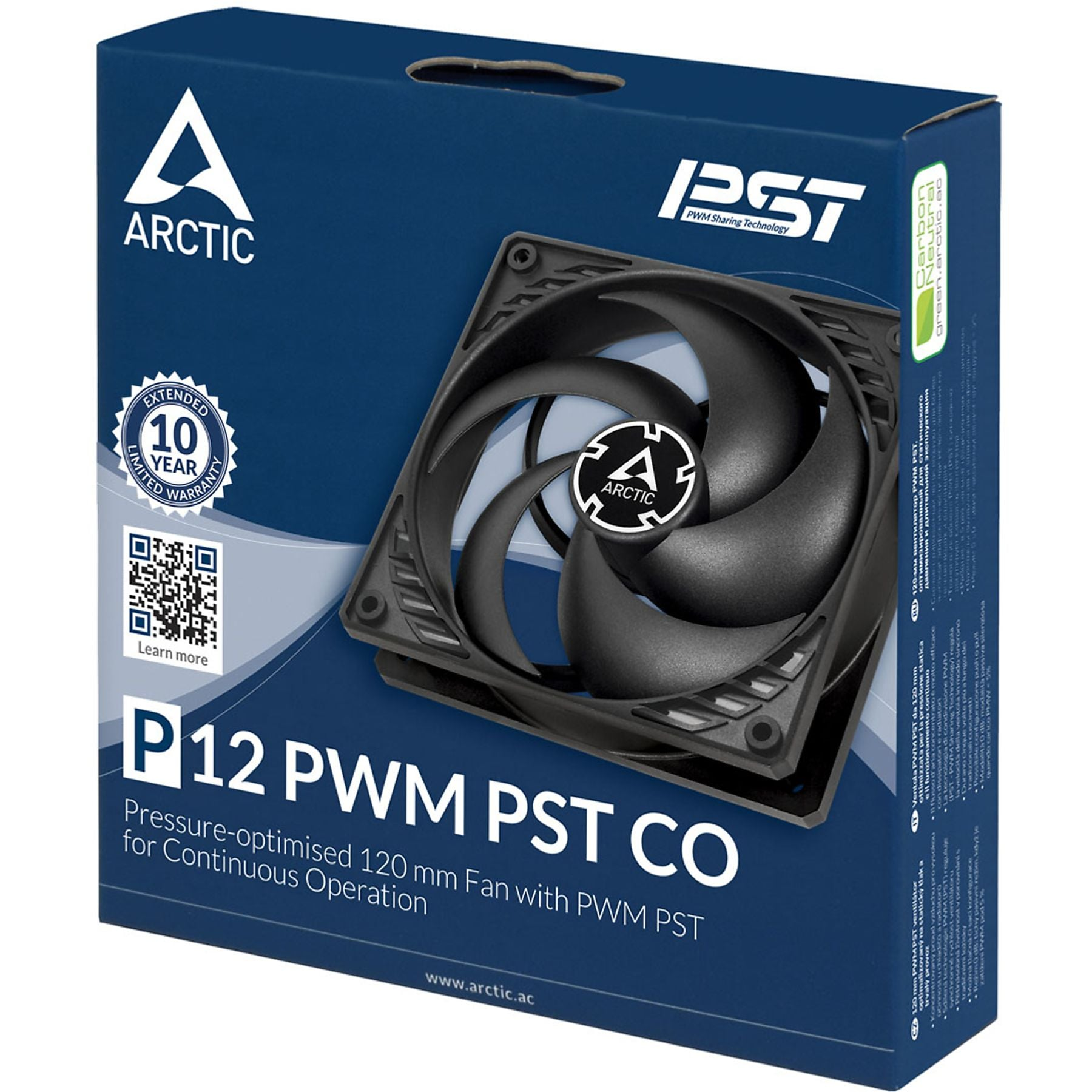 Verpackung eines schwarzen ARCTIC P12 PWM PST CO Lüfters mit 10 Jahren Garantie.