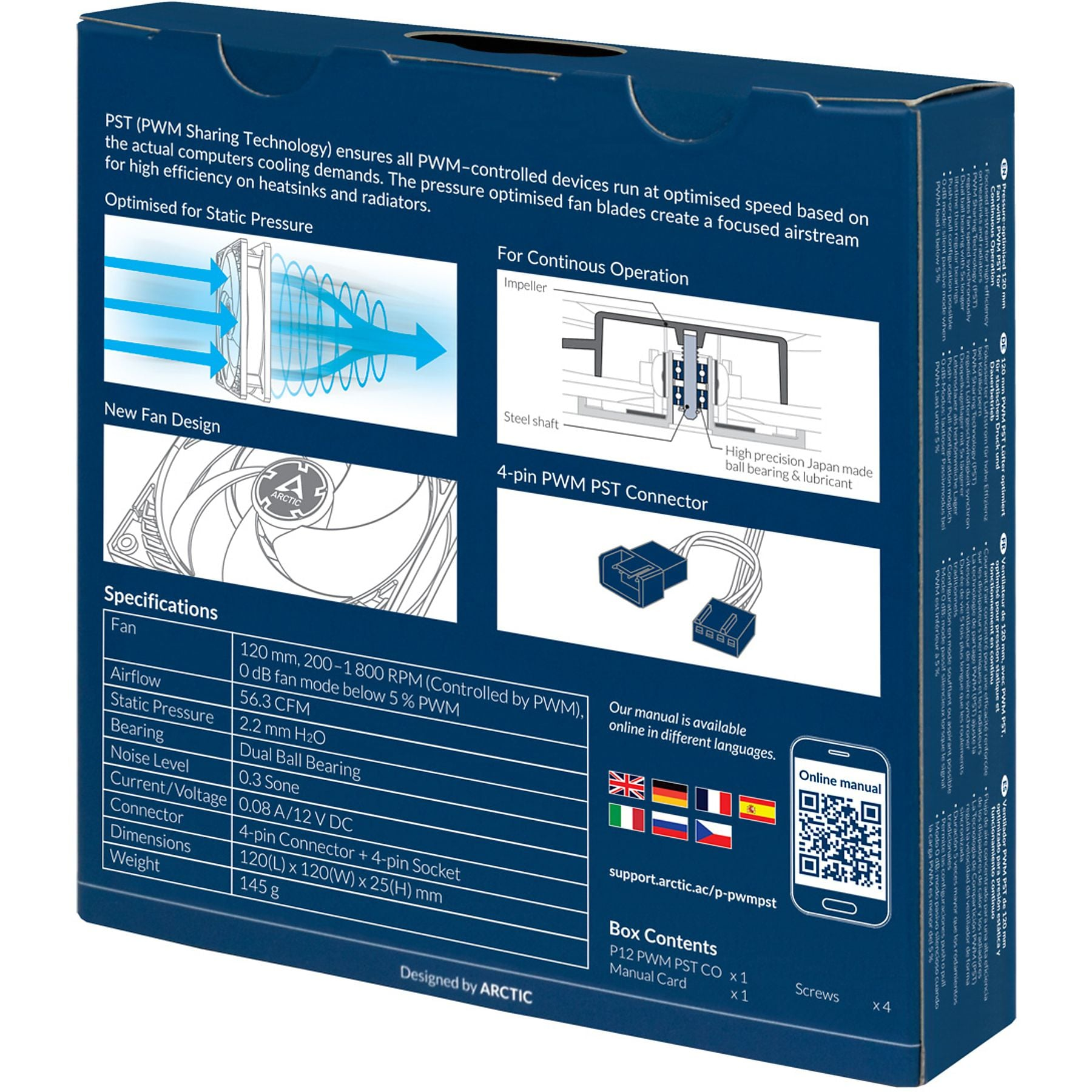 Verpackung zeigt Spezifikationen für 120mm Lüfter mit PST, inkl. Luftstrom, Lager, Maße.