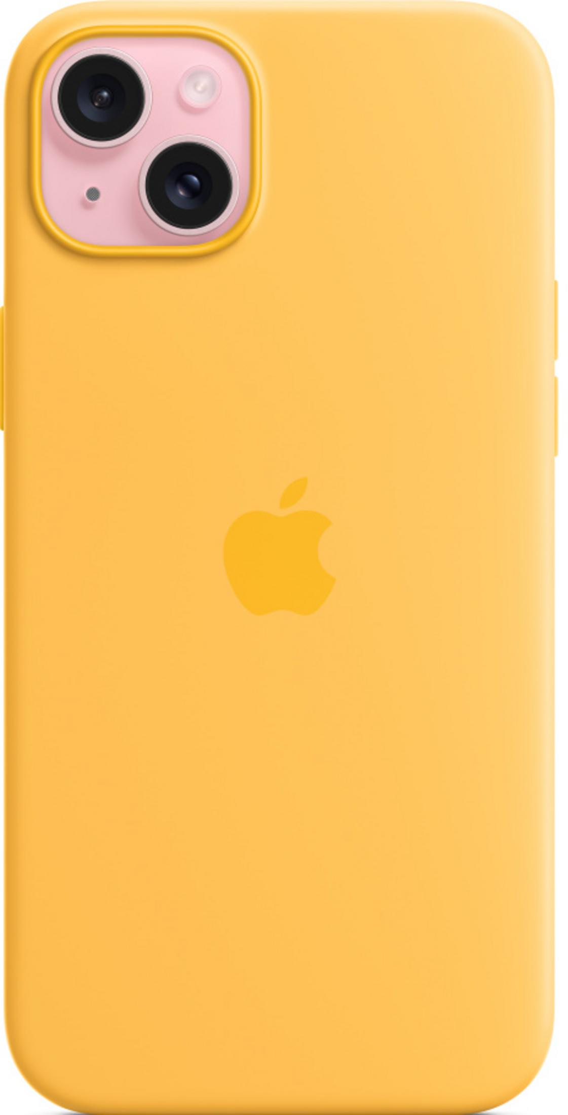 Gele iPhone hoes met Apple logo en cameralens.