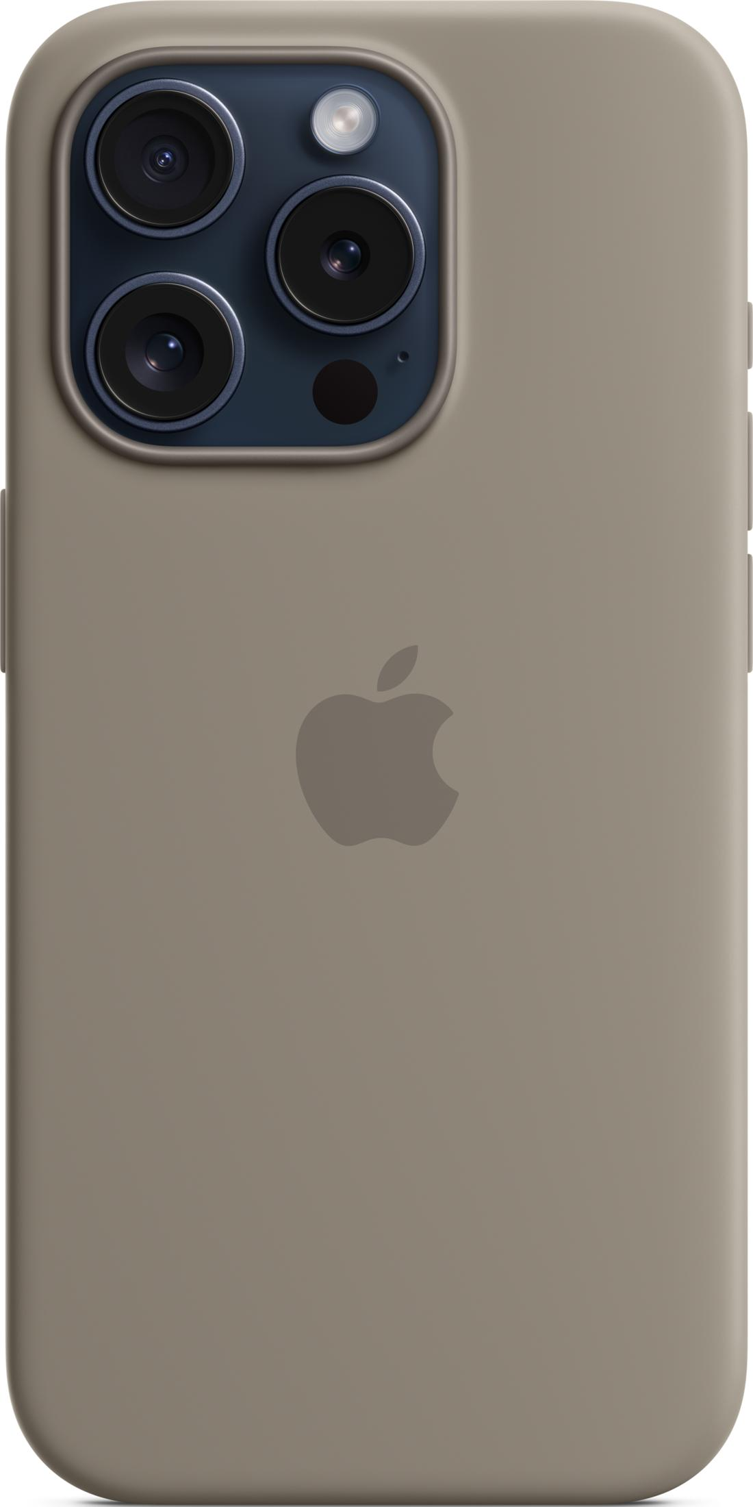 Retro di una custodia iPhone color tortora con logo Apple e tre fotocamere.
