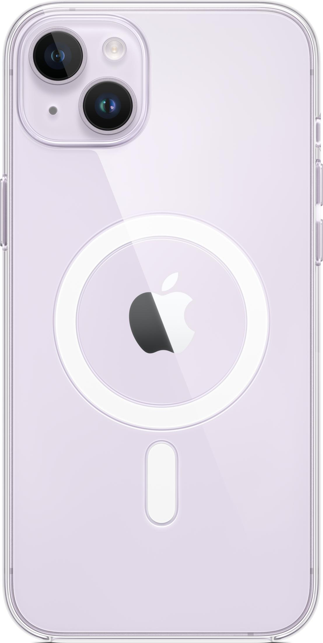Ein hellviolettes iPhone mit zwei Kameras und Apple-Logo.