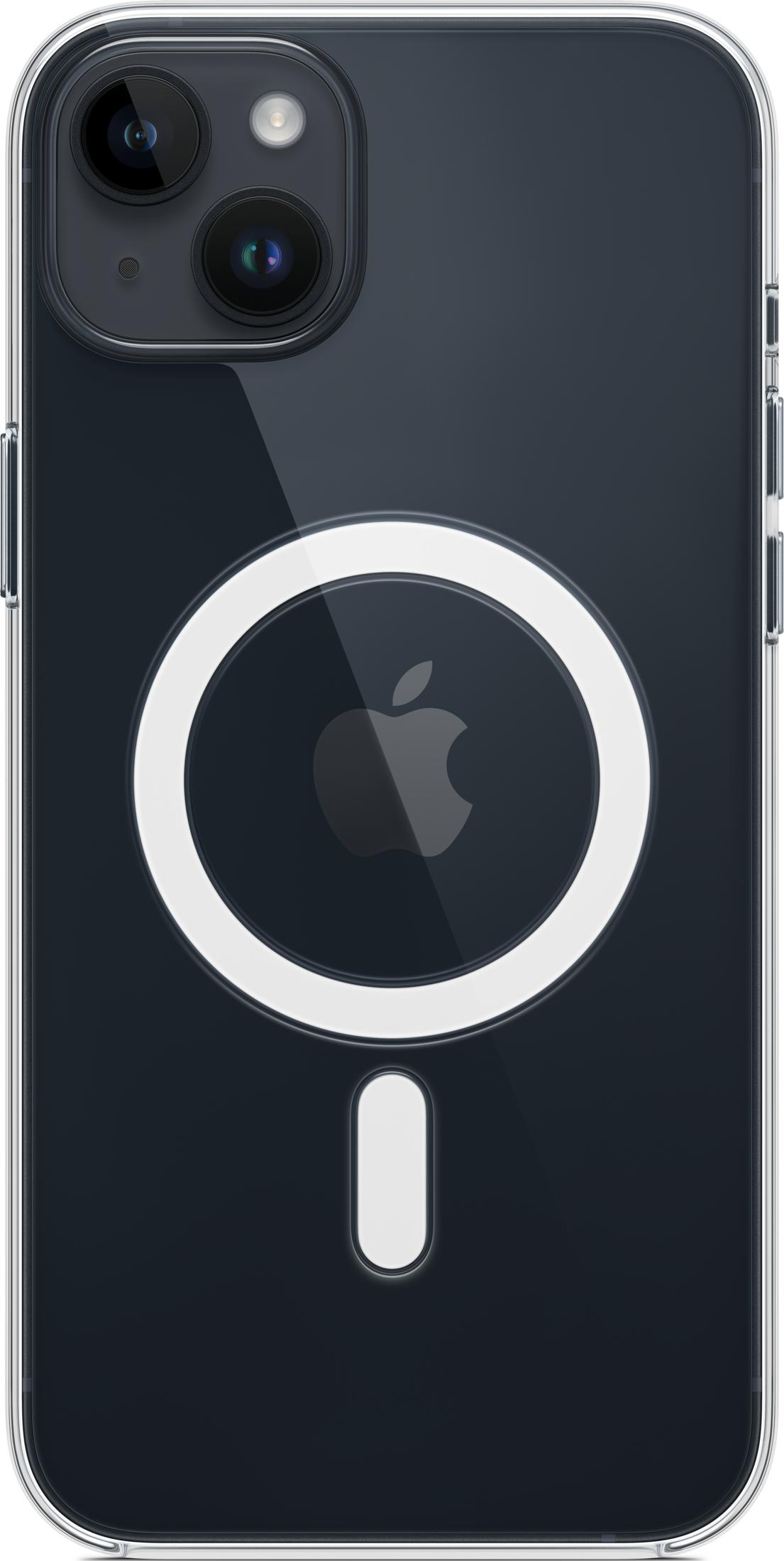Rückseite eines transparenten iPhone-Gehäuses mit MagSafe-Kreis und Apple-Logo.