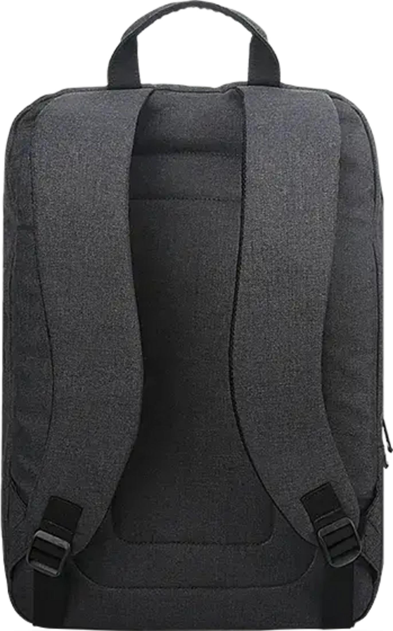 Vue arrière d'un sac à dos gris foncé avec bretelles rembourrées et poignée.