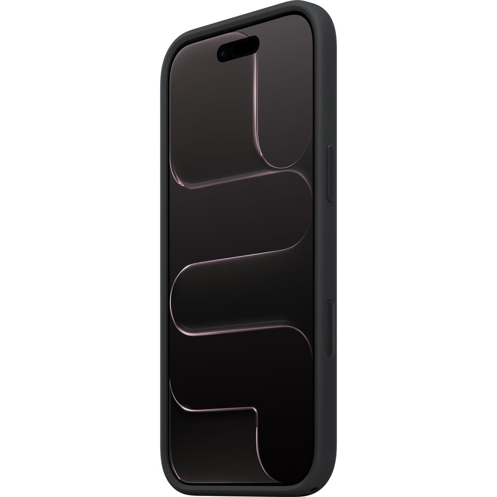 Un teléfono inteligente negro con un fondo oscuro estilizado y un recorte para la cámara.