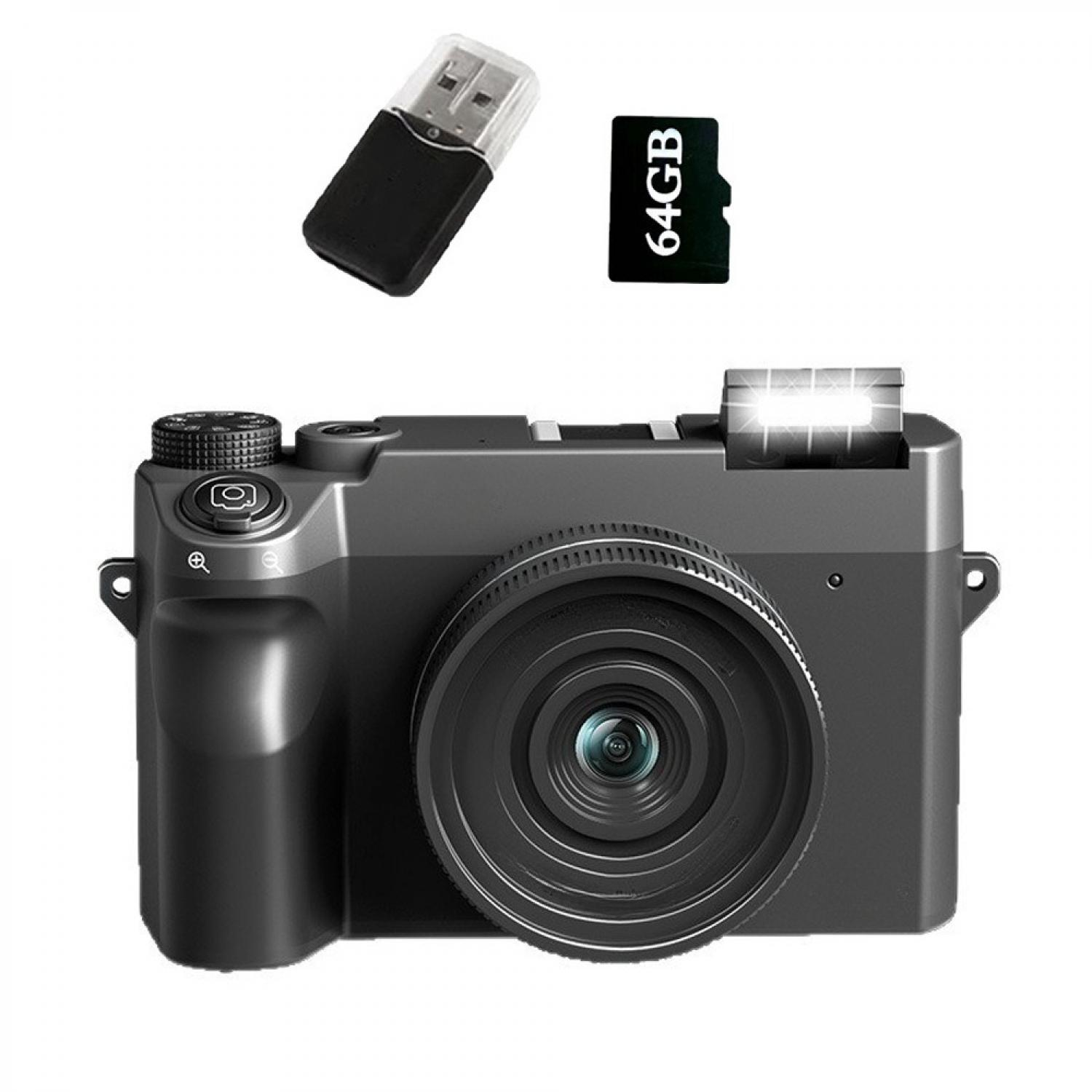 Eine Digitalkamera mit einem USB-Stick und einer 64-GB-Speicherkarte.