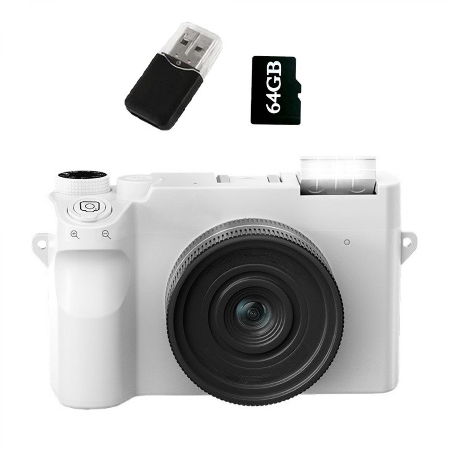 Weiße Kamera mit USB-Stick und 64GB Speicherkarte.