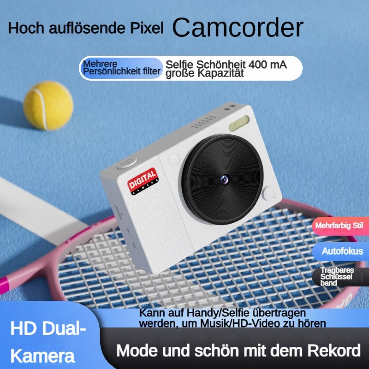 Ein weißer Camcorder mit schwarzer Linse liegt auf einem Tennisschläger.