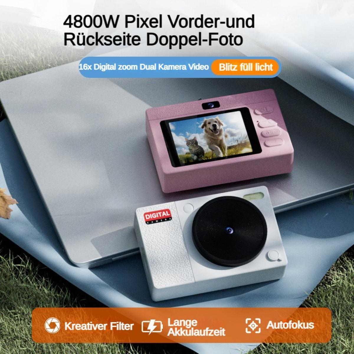 Zwei Digitalkameras, eine rosa mit Bild von Hund und Katze, eine weiße.