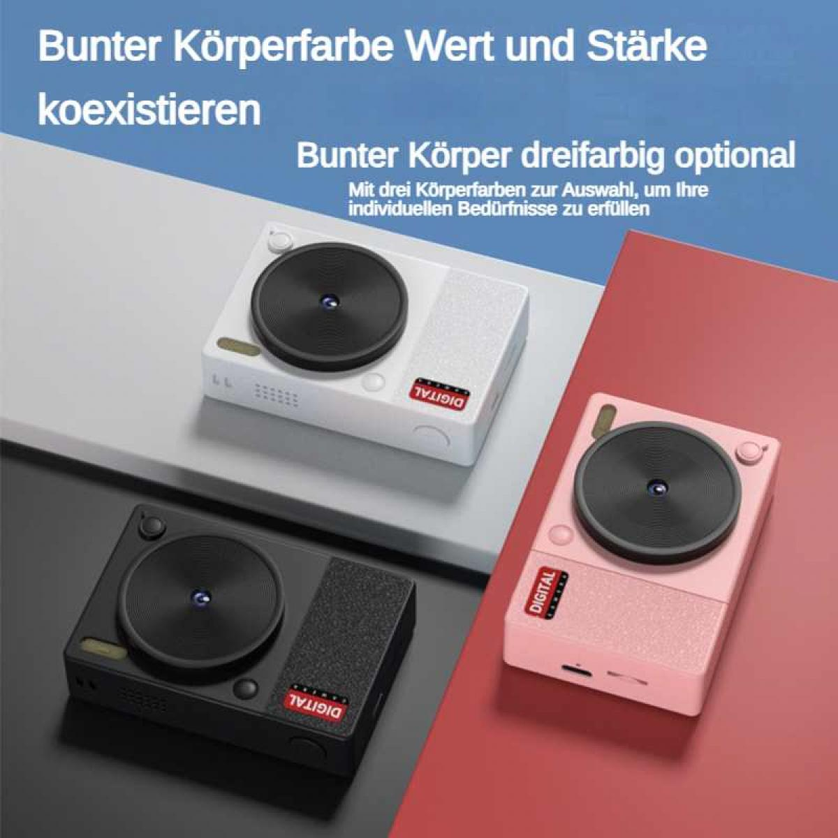 Drei digitale Geräte in Schwarz, Weiß und Rosa mit runden Lautsprechergittern.