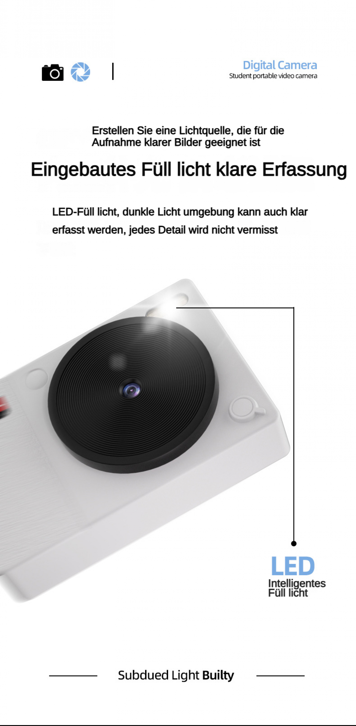 Ein weißes Digitalkamera-Gehäuse mit Objektiv und eingebautem LED-Licht.