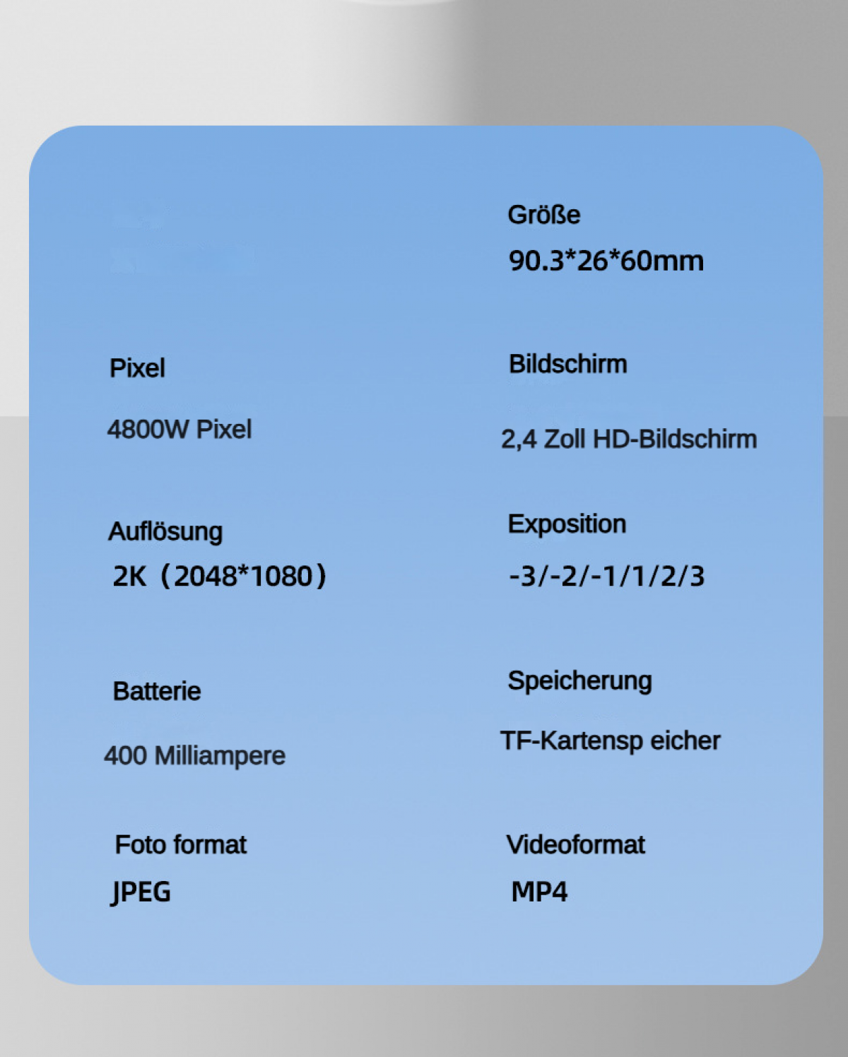 Technische Daten: 90.3x26x60mm, 4800W Pixel, 2K Auflösung, 2.4" HD-Bildschirm.
