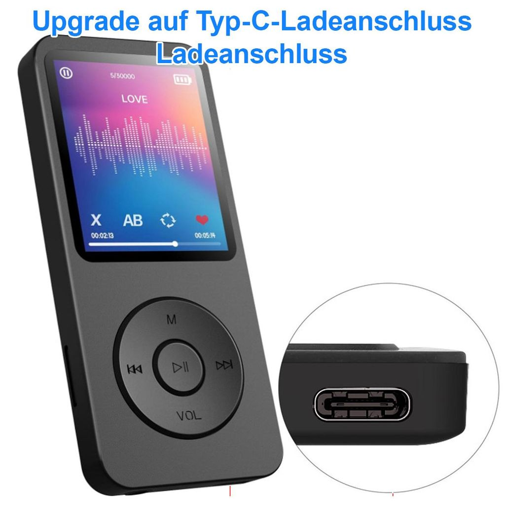 Schwarzer MP3-Player mit Farbbildschirm und Bedienelementen. Nahaufnahme des USB-C-Anschlusses.