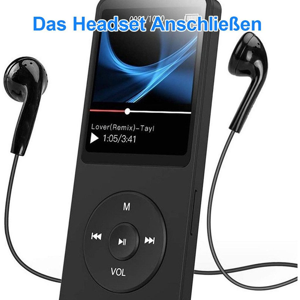 Ein schwarzer MP3-Player mit Kopfhörern. Zeigt Songtitel und Wiedergabezeit an.