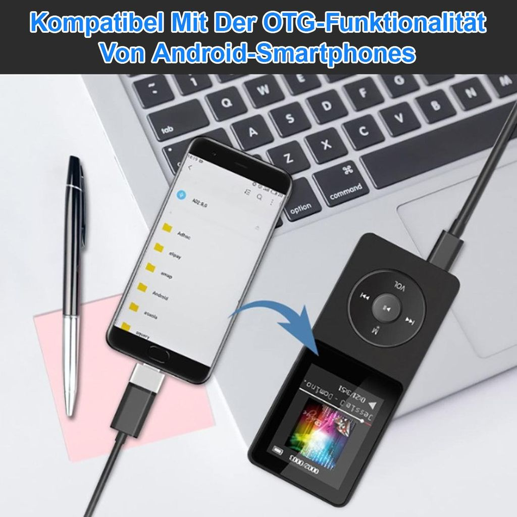 Smartphone mit OTG-Adapter verbindet sich mit Musikplayer auf Laptop-Tastatur.