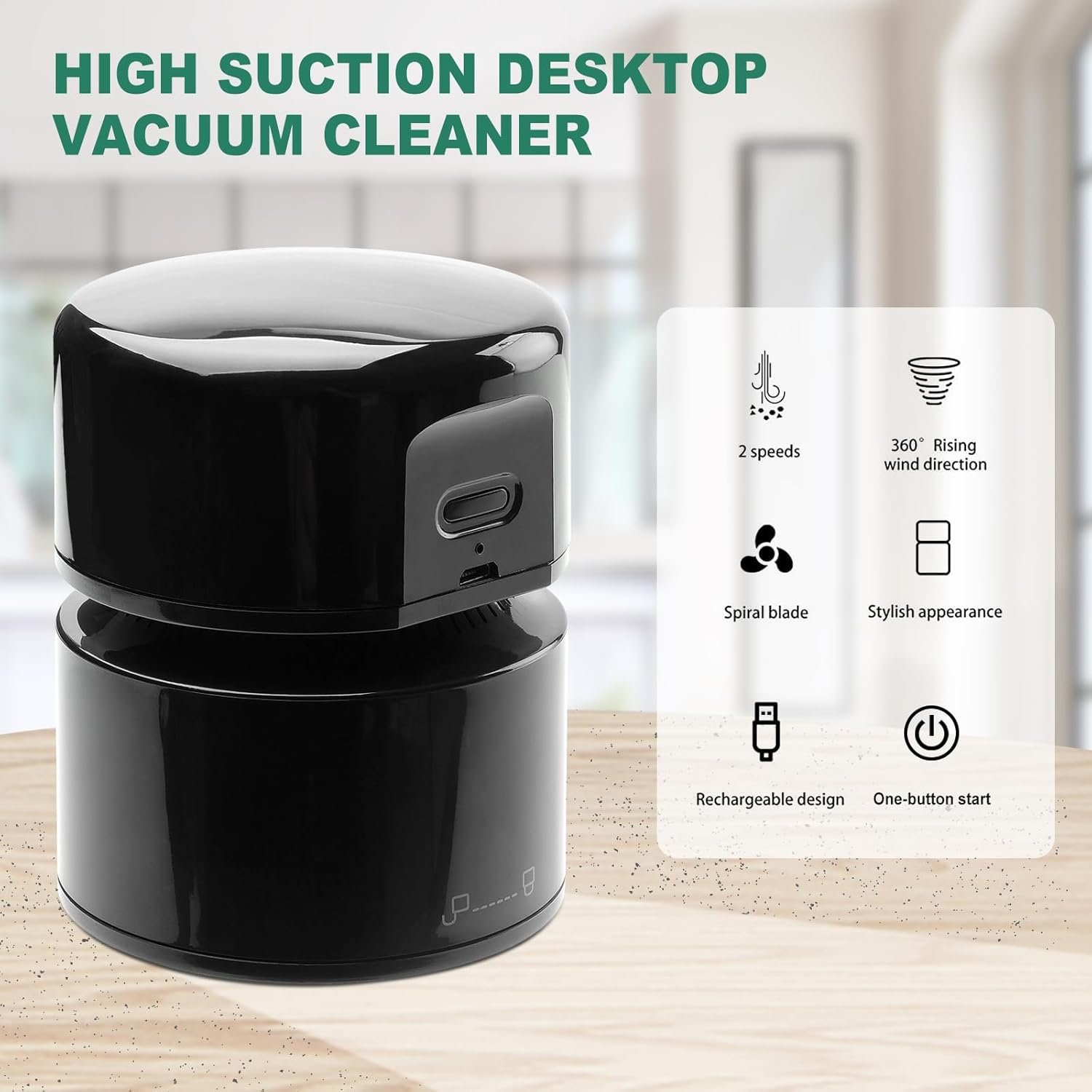Schwarzer Desktop-Staubsauger mit Infos zu Geschwindigkeit, Windrichtung und Design.